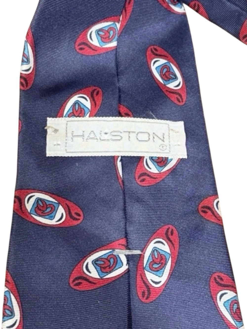 Halston Italian Silk Tie Navy Medallion Mod Print Vintage 1970s Studio 54 - Picture 3 of 6